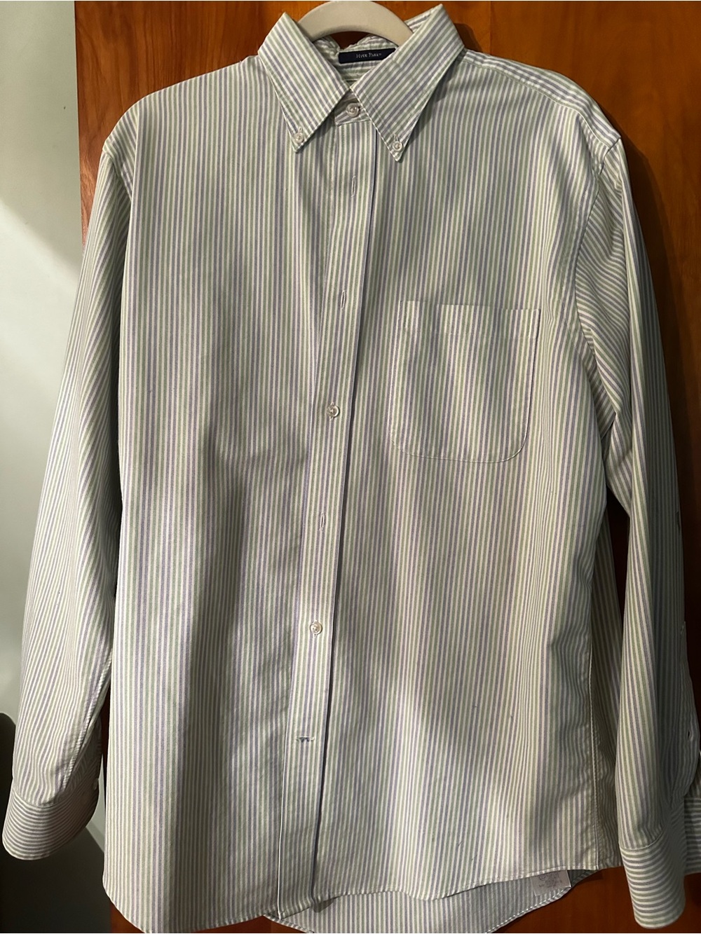 Lands' End Men’s White Button-Down Shirt with Blue and Green Pinstripes